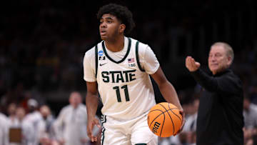 Mar 28, 2025; Atlanta, GA, USA; Michigan State Spartans guard Jase Richardson (11) in the second half of a South Regional semifinal of the 2025 NCAA tournament against the Mississippi Rebels at State Farm Arena. Mandatory Credit: Brett Davis-Imagn Images