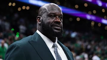 Jun 6, 2024; Boston, Massachusetts, USA; Shaquille O'Neal looks on before the game between the Boston Celtics and the Dallas Mavericks in game one of the 2024 NBA Finals at TD Garden. Mandatory Credit: David Butler II-Imagn Images