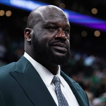 Jun 6, 2024; Boston, Massachusetts, USA; Shaquille O'Neal looks on before the game between the Boston Celtics and the Dallas Mavericks in game one of the 2024 NBA Finals at TD Garden. Mandatory Credit: David Butler II-USA TODAY Sports