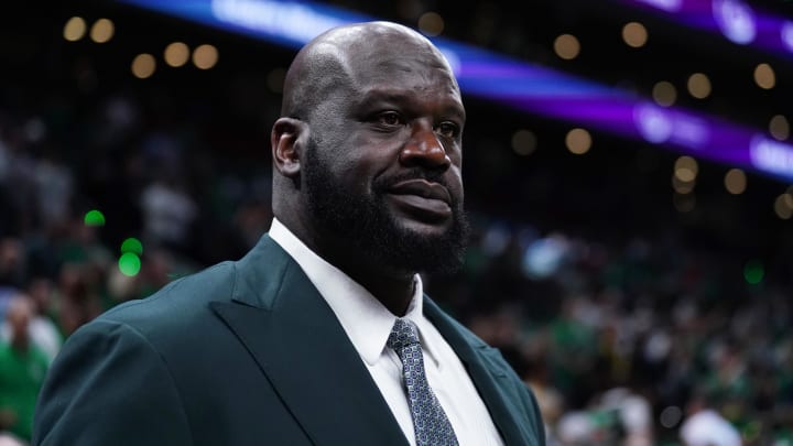 Jun 6, 2024; Boston, Massachusetts, USA; Shaquille O'Neal looks on before the game between the Boston Celtics and the Dallas Mavericks in game one of the 2024 NBA Finals at TD Garden. Mandatory Credit: David Butler II-USA TODAY Sports