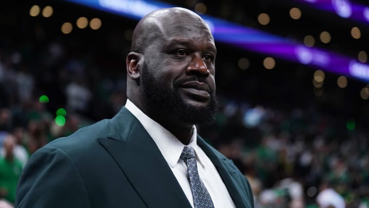 Jun 6, 2024; Boston, Massachusetts, USA; Shaquille O'Neal looks on before the game between the Boston Celtics and the Dallas Mavericks in game one of the 2024 NBA Finals at TD Garden. Mandatory Credit: David Butler II-USA TODAY Sports