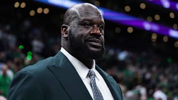 Jun 6, 2024; Boston, Massachusetts, USA; Shaquille O'Neal looks on before the game between the Boston Celtics and the Dallas Mavericks in game one of the 2024 NBA Finals at TD Garden. Mandatory Credit: David Butler II-Imagn Images