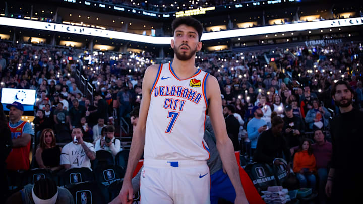 Mar 3, 2024; Phoenix, Arizona, USA; Oklahoma City Thunder forward Chet Holmgren (7) against the Phoenix Suns at Footprint Center. Mandatory Credit: Mark J. Rebilas-USA TODAY Sports