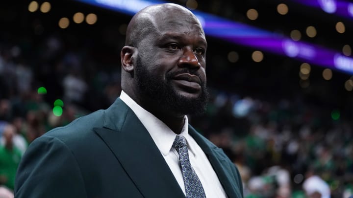 Shaquille O'Neal looks on before the game between the Boston Celtics and the Dallas Mavericks in game one of the 2024 NBA Finals at TD Garden. Mandatory Credit: 