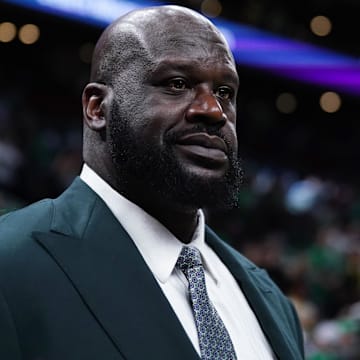 Jun 6, 2024; Boston, Massachusetts, USA; Shaquille O'Neal looks on before the game between the Boston Celtics and the Dallas Mavericks in game one of the 2024 NBA Finals at TD Garden. Mandatory Credit: David Butler II-Imagn Images