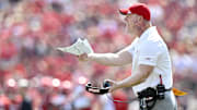 Sep 20, 2025; Louisville, Kentucky, USA;  Louisville Cardinals head coach Jeff Brohm reacts during the second half against the Bowling Green Falcons at L&N Federal Credit Union Stadium. Louisville defeated Bowling Green 40-17. Mandatory Credit: Jamie Rhodes-Imagn Images