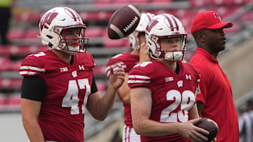 Wisconsin long snapper Peter Bowden (47) and punter Gavin Meyers (28) are shown before their game against Illinois State Saturday, September 3, 2022 at Camp Randall Stadium in Madison, Wis.