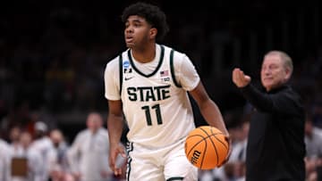 Mar 28, 2025; Atlanta, GA, USA; Michigan State Spartans guard Jase Richardson (11) in the second half of a South Regional semifinal of the 2025 NCAA tournament against the Mississippi Rebels at State Farm Arena. Mandatory Credit: Brett Davis-Imagn Images