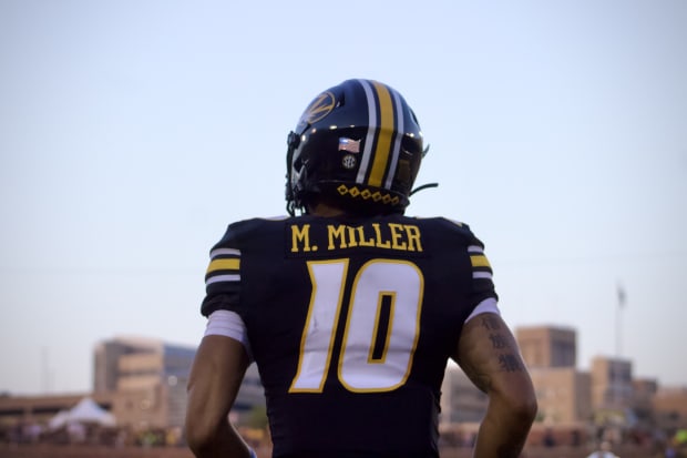 Missouri Tigers receiver Mekhi Miller (10) looks at the crowd prior to his team's matchup against the Murray State Racers. 