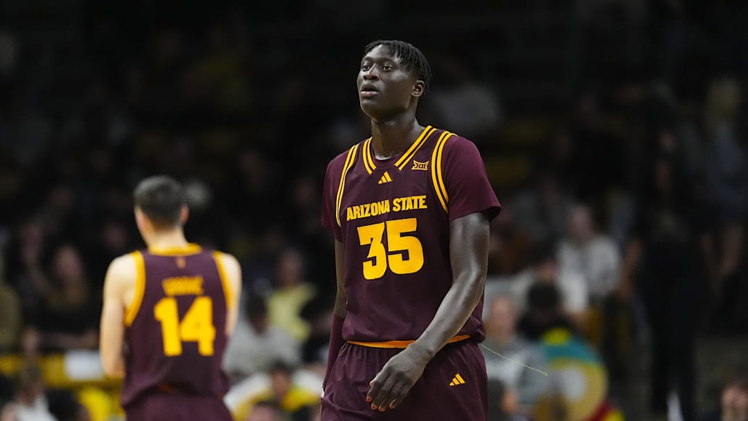 Feb 7, 2026; Boulder, Colorado, USA; Arizona State Sun Devils center Massamba Diop (35) during the first half against the Colorado Buffaloes at the CU Events Center. Mandatory Credit: Ron Chenoy-Imagn Images