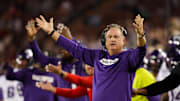 Aug 30, 2024; Stanford, California, USA; TCU Horned Frogs head coach Sonny Dykes reacts after a call during the second half against the Stanford Cardinal at Stanford Stadium. Mandatory Credit: Sergio Estrada-Imagn Images