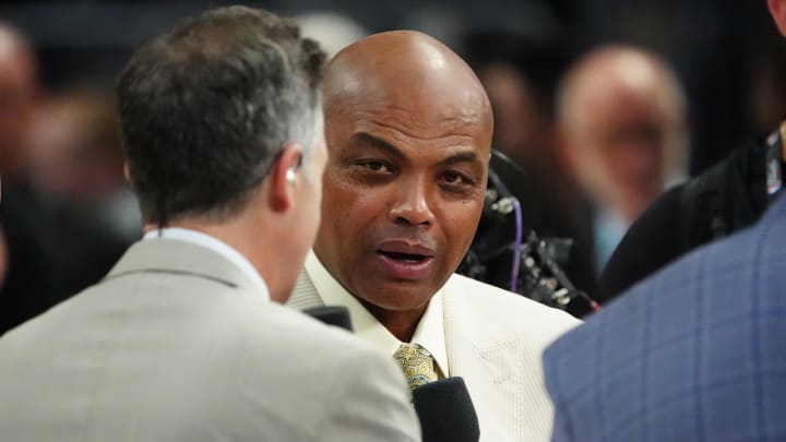 Jun 4, 2023; Denver, CO, USA; TNT sports analyst Charles Barkley speaks before game two between the Miami Heat and the Denver Nuggets in the 2023 NBA Finals at Ball Arena. Mandatory Credit: Ron Chenoy-USA TODAY Sports