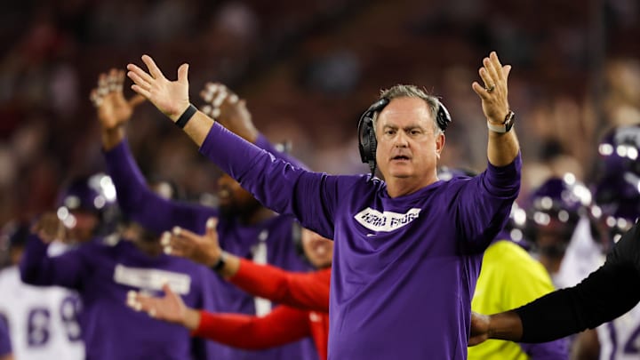 Aug 30, 2024; Stanford, California, USA; TCU Horned Frogs head coach Sonny Dykes reacts after a call during the second half against the Stanford Cardinal at Stanford Stadium. Aug 30, 2024; Stanford, California, USA; TCU Horned Frogs head coach Sonny Dykes reacts after a call during the second half against the Stanford Cardinal at Stanford Stadium.