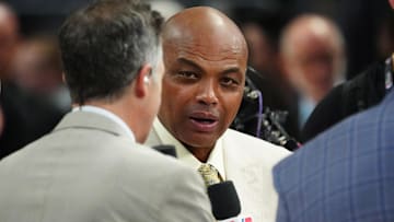 Jun 4, 2023; Denver, CO, USA; TNT sports analyst Charles Barkley speaks before game two between the Miami Heat and the Denver Nuggets in the 2023 NBA Finals at Ball Arena. Mandatory Credit: Ron Chenoy-Imagn Images