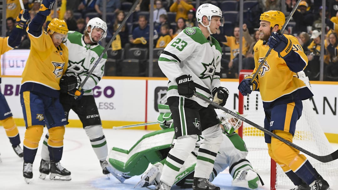 Oct 26, 2025; Nashville, Tennessee, USA;  Nashville Predators center Steven Stamkos (91) celebrates his goal against the Dallas Stars during the first period at Bridgestone Arena. Mandatory Credit: Steve Roberts-Imagn Images