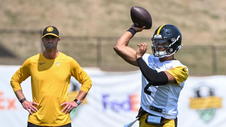 Jul 27, 2024; Latrobe, PA, USA; Pittsburgh Steelers quarterback Justin Fields participates in drills during training camp at Saint Vincent College. Mandatory Credit: Barry Reeger-USA TODAY Sports