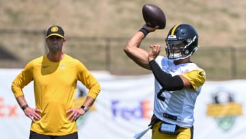 Jul 27, 2024; Latrobe, PA, USA; Pittsburgh Steelers quarterback Justin Fields participates in drills during training camp at Saint Vincent College. Mandatory Credit: Barry Reeger-USA TODAY Sports