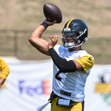 Jul 27, 2024; Latrobe, PA, USA; Pittsburgh Steelers quarterback Justin Fields participates in drills during training camp at Saint Vincent College. Mandatory Credit: Barry Reeger-USA TODAY Sports