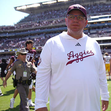 Sep 7, 2024; College Station, Texas, USA; Texas A&M Aggies head coach Mike Elko leaves the field following a 52-10 win against the McNeese State Cowboys at Kyle Field.