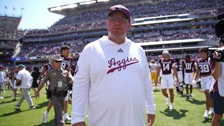 Sep 7, 2024; College Station, Texas, USA; Texas A&M Aggies head coach Mike Elko leaves the field following a 52-10 win against the McNeese State Cowboys at Kyle Field.