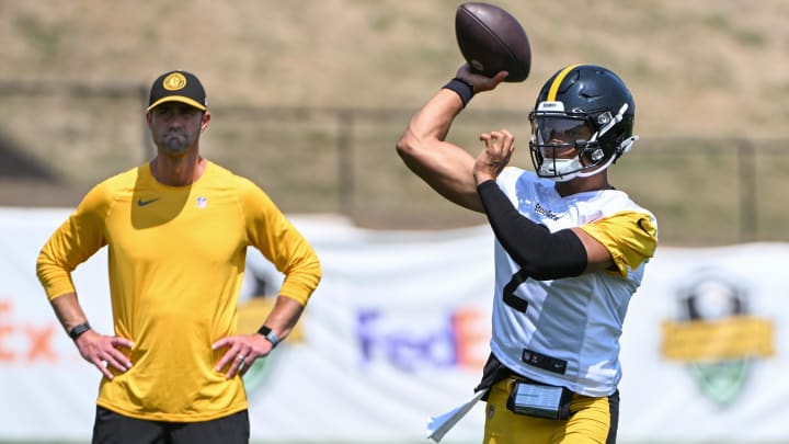 Jul 27, 2024; Latrobe, PA, USA; Pittsburgh Steelers quarterback Justin Fields participates in drills during training camp at Saint Vincent College. Mandatory Credit: Barry Reeger-USA TODAY Sports