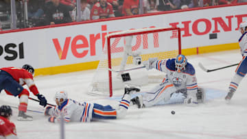 Jun 12, 2025; Sunrise, Florida, USA; Edmonton Oilers defenseman Darnell Nurse (25) and goaltender Calvin Pickard (30) defend against Florida Panthers forward Evan Rodrigues (17) during the third period in game four of the 2025 Stanley Cup Final at Amerant Bank Arena.