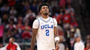 Nov 14, 2025; Inglewood, California, USA;  UCLA Bruins guard Donovan Dent (2) looks on during the first half of the Hall of Fame Series game against the Arizona Wildcats at Intuit Dome. Mandatory Credit: Kiyoshi Mio-Imagn Images