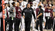 Nov 11, 2023; College Station, Texas, USA; Mississippi State Bulldogs head coach Zach Arnett reacts during the third quarter against the Texas A&M Aggies at Kyle Field. Mandatory Credit: Maria Lysaker-Imagn Images