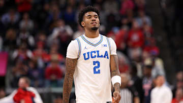 Nov 14, 2025; Inglewood, California, USA;  UCLA Bruins guard Donovan Dent (2) looks on during the first half of the Hall of Fame Series game against the Arizona Wildcats at Intuit Dome. Mandatory Credit: Kiyoshi Mio-Imagn Images