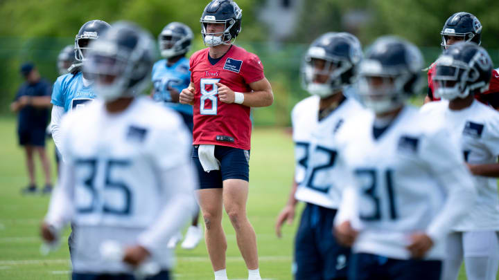 Quarterback Will Levis (8) goes through warmups during Tennessee Titans practice at Ascension Saint Thomas Sports Park in Nashville, Tenn., Wednesday, May 29, 2024.