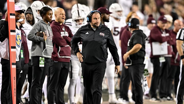 Nov 11, 2023; College Station, Texas, USA; Mississippi State Bulldogs head coach Zach Arnett reacts during the third quarter against the Texas A&M Aggies at Kyle Field. Mandatory Credit: Maria Lysaker-Imagn Images