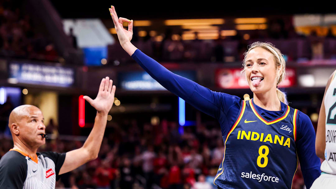 Indiana Fever guard Sophie Cunningham (8) celebrates a 3-pointer Saturday, June 14, 2025, during a game between the Indiana Fever and the New York Liberty at Gainbridge Fieldhouse in Indianapolis. The Indiana Fever defeated the New York Liberty, 102-88.