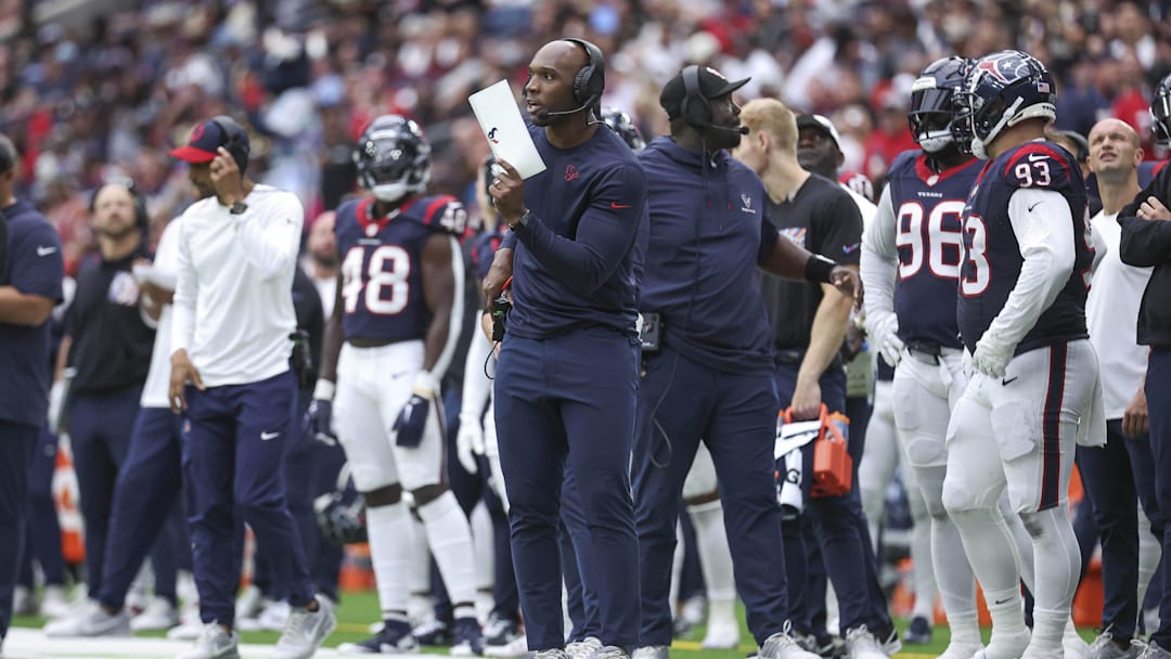 Oct 15, 2023; Houston, Texas, USA; Houston Texans head coach DeMeco Ryans on the sideline during the third quarter against the New Orleans Saints at NRG Stadium. Mandatory Credit: Troy Taormina-Imagn Images