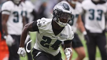 May 28, 2025; Philadelphia, PA, USA; Philadelphia Eagles safety Andrew Mukuba (24) practices during OTAs at NovaCare Complex. Mandatory Credit: Bill Streicher-Imagn Images