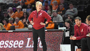 Alabama head coach Kristy Curry on the sidelines during a women's college basketball game between the Lady Vols and Alabama at Thompson-Boling Arena at Food City Center in Knoxville on Thursday, February 20, 2025.