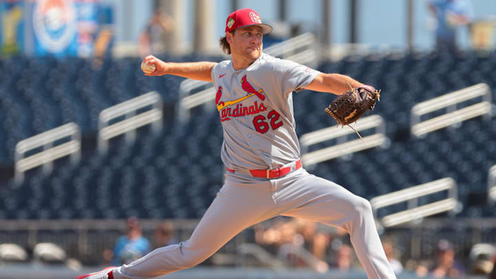 Feb 22, 2026; West Palm Beach, Florida, USA; St. Louis Cardinals starting pitcher Kyle Leahy (62) delivers a pitch against the Houston Astros during the first inning at CACTI Park of the Palm Beaches. Mandatory Credit: Sam Navarro-Imagn Images