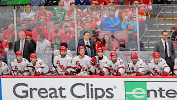 May 24, 2025; Sunrise, Florida, USA; The Carolina Hurricanes look on during the second period in game three of the Eastern Conference Final of the 2025 Stanley Cup Playoffs at Amerant Bank Arena. Mandatory Credit: Sam Navarro-Imagn Images