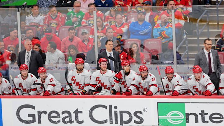 May 24, 2025; Sunrise, Florida, USA; The Carolina Hurricanes look on during the second period in game three of the Eastern Conference Final of the 2025 Stanley Cup Playoffs at Amerant Bank Arena. Mandatory Credit: Sam Navarro-Imagn Images