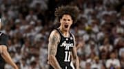 Mar 4, 2025; College Station, Texas, USA; Texas A&M Aggies forward Andersson Garcia (11) reacts during the second half against the Auburn Tigers at Reed Arena. Mandatory Credit: Maria Lysaker-Imagn Images 