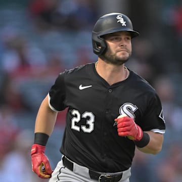 Chicago White Sox left fielder Andrew Benintendi (23) rounds the bases after hitting a two-run home run in the first inning against the Los Angeles Angels at Angel Stadium on Sept 16.