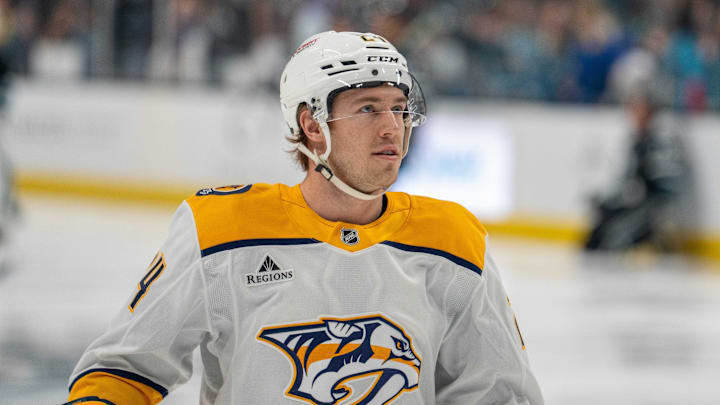 Jan 23, 2025; San Jose, California, USA;  Nashville Predators defenseman Spencer Stastney (24) before the start of the game against the San Jose Sharks at SAP Center at San Jose. Mandatory Credit: Neville E. Guard-Imagn Images