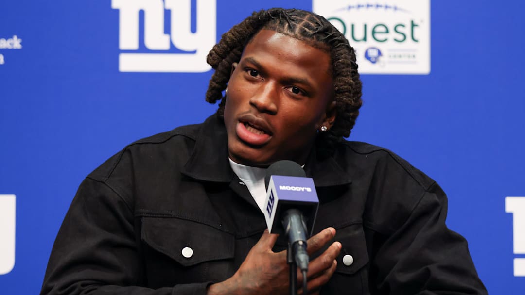 Apr 24, 2026; East Rutherford, NJ, USA; New York Giants draft pick Arvell Reese addresses the media during the introductory press conference at Quest Diagnostics Training Center. Mandatory Credit: Tom Horak-Imagn Images