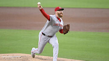 Sep 9, 2025; San Diego, California, USA; Cincinnati Reds starting pitcher Zack Littell (52) delivers during the first inning against the San Diego Padres at Petco Park. Mandatory Credit: Denis Poroy-Imagn Images