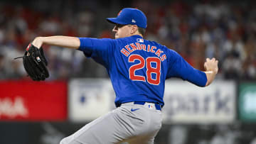Jul 12, 2024; St. Louis, Missouri, USA;  Chicago Cubs starting pitcher Kyle Hendricks (28) pitches against the St. Louis Cardinals during the sixth inning at Busch Stadium.