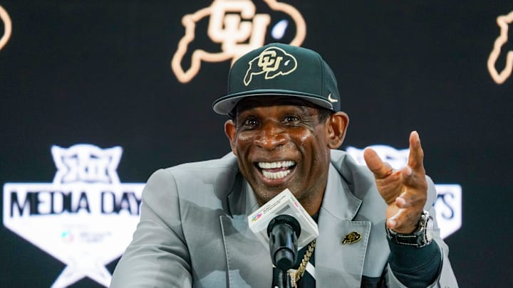 Colorado head coach Deion Sanders speaks with the media during 2025 Big 12 Football Media Days at The Star. Colorado head coach Deion Sanders speaks with the media during 2025 Big 12 Football Media Days at The Star.