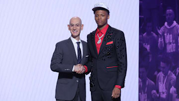 Ace Bailey stands with NBA commissioner Adam Silver after being selected as the fifth pick by the Utah Jazz in the first round of the 2025 NBA Draft at Barclays Center. 