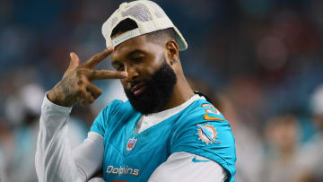 Aug 17, 2024; Miami Gardens, Florida, USA; Miami Dolphins wide receiver Odell Beckham Jr. (3) reacts from the sideline against the Washington Commanders during the fourth quarter of a preseason game at Hard Rock Stadium. 