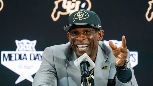 Colorado head coach Deion Sanders speaks with the media during 2025 Big 12 Football Media Days at The Star. 