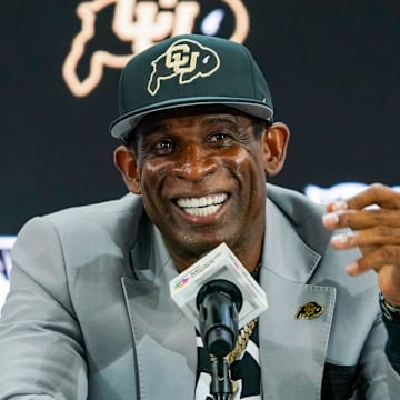 Deion Sanders speaks to the media at Big 12 Football Media Days.
