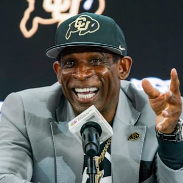  Colorado head coach Deion Sanders speaks with the media during 2025 Big 12 Football Media Days. Mandatory Credit: Raymond Carlin III-Imagn Images